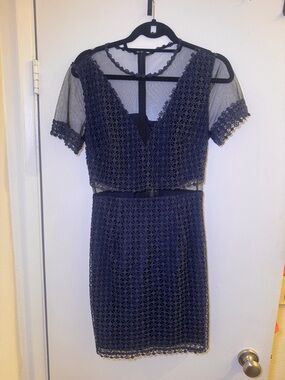 Navy Lace Overlay Short Sleeve Sheath Dress